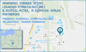PORADNIA CHIRURGII STOMATOLOGICZNEJ - FELIŃSKIEGO - KRAKOWSKI OŚRODEK OPIEKI LEKARSKO-STOMATOLOGICZNEJ B.KUŚPIEL-MITKA, M.RZEPECKA SPÓŁKA PARTNERSKA - UL. ARCYBISKUPA ZYGMUNTA SZCZĘSNEGO FELIŃSKIEGO 22A/LU3,  KRAKÓW-KROWODRZA
